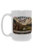 White mug with American Golf branding and graphics on a white background