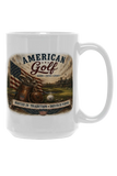 White mug with American Golf branding and graphics on a white background