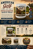 Promotional graphic for American Golf mug with scenic design and branding elements.