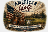 Vintage-style advertisement for 'American Golf' with golf clubs, American flag, and golf course.