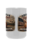 White mug with American Basketball graphics and text on a white background