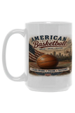 White mug with American Basketball design featuring a basketball and text on a white background