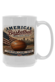 White mug with American Basketball design featuring a basketball and text on a white background