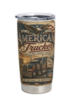 Two American Trucker-themed tumblers with truck and eagle design on a white background