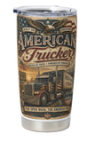 Tumbler with American Trucker design featuring a truck and eagle on a beige background.