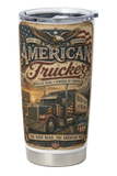 Tumbler with American Trucker design featuring a truck and American flag on a white background