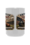 White mug with American football-themed design featuring a stadium, football, and American flag.