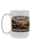 White mug with American football-themed design featuring text and sports equipment on a white background