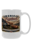 White mug with American football-themed design featuring text and sports equipment on a white background