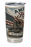 Tumbler with American flag and hockey-themed design on a white background