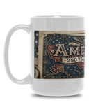 White mug with American-themed design featuring text and graphics on a white background