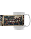 White mug with 'America 250 Years of Freedom' design on a white background
