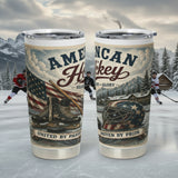 Two tumblers with American Hockey design featuring an American flag, skates, and a hockey puck.