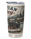 Tumbler with American hockey design featuring a helmet and landscape.