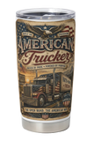 Tumbler with American Trucker design featuring a truck and American flag on a white background
