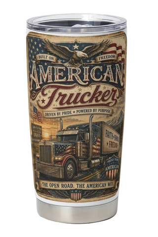 Tumbler with American Trucker design featuring a truck and American flag on a white background